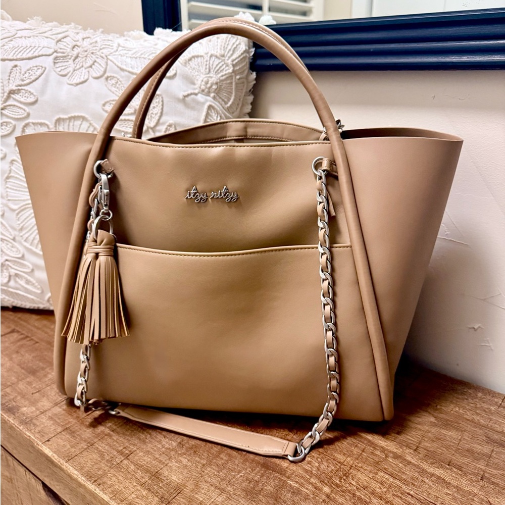 Itzy Ritzy Tan Tote Bag with Tassel Details and Smooth Finish